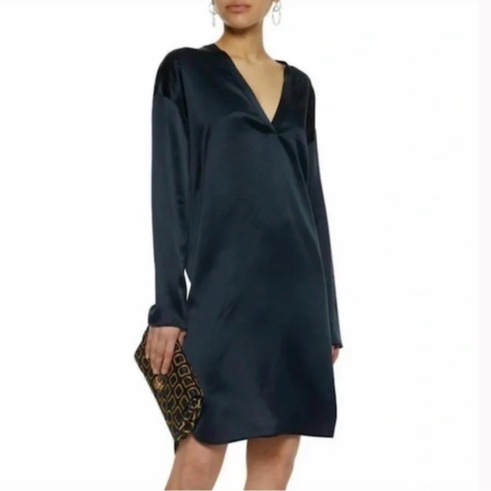 VINCE Black V-Neck Long Sleeve 100% Silk Curved Hem Tunic Mini Dress size Large